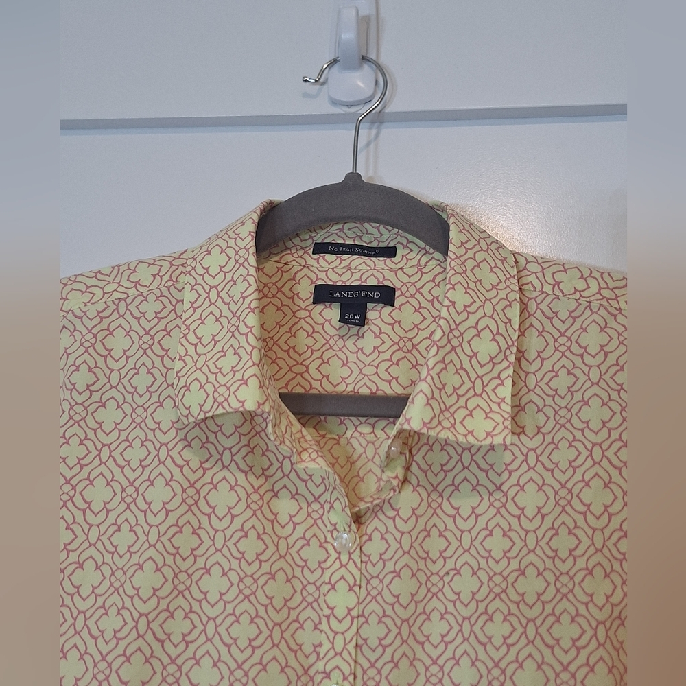 Lands' End No Iron Supima Button Down Cotton Shirt Sz 20W Geometric Yellow Pink - Picture 3 of 11